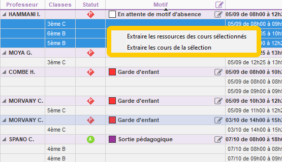 Extraction dans la liste des cours annulés