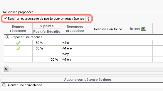 Pourcentage de points sur les rponses