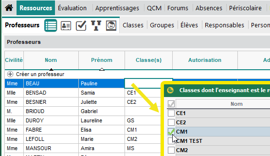 Affectation d'un professeur  une classe