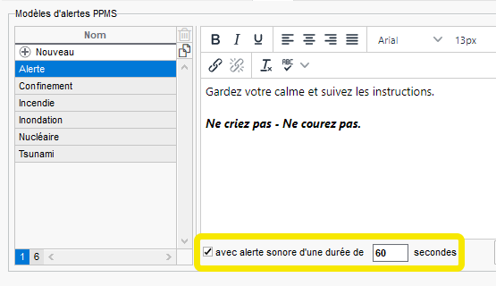 Dure des alertes PPMS