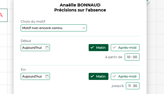 Saisie des absences par heure