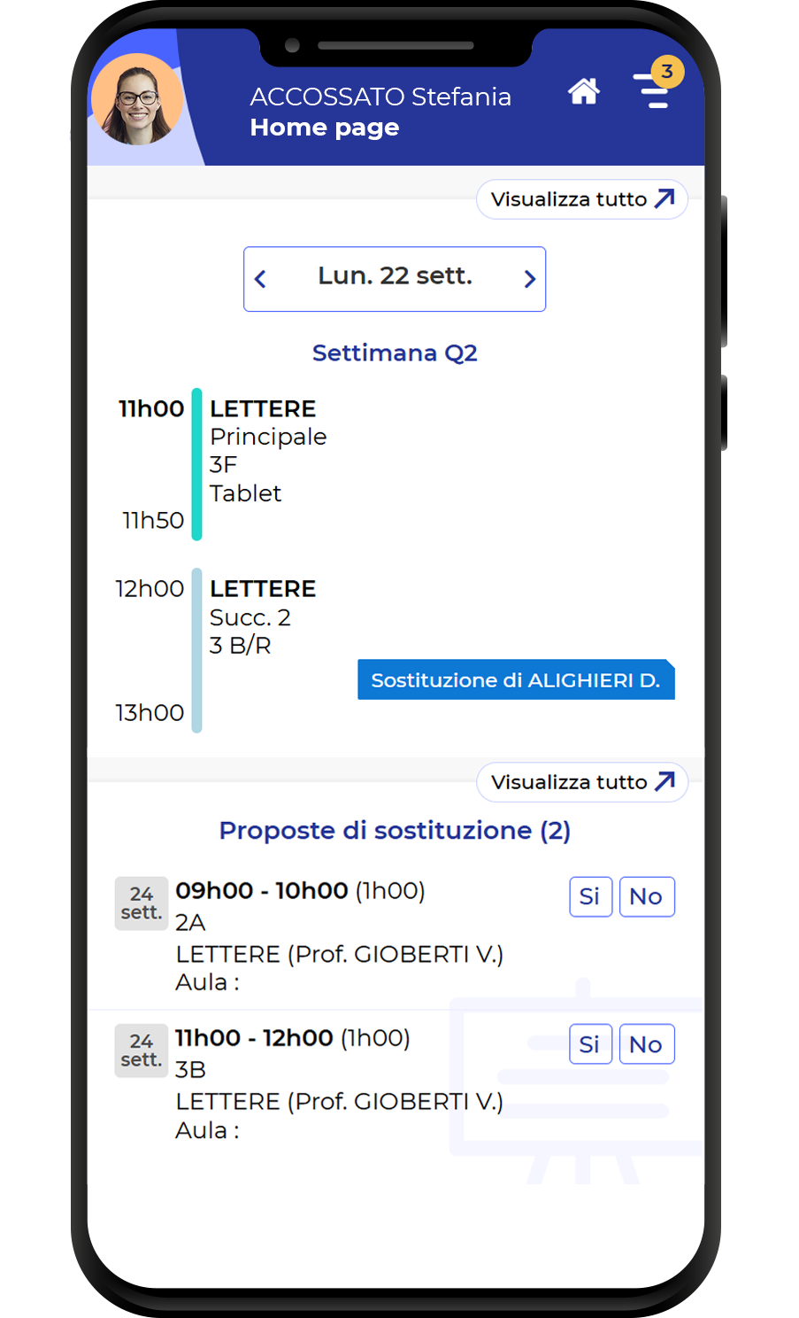 Schermata mobile dell'area web EDT che mostra interfaccia della home