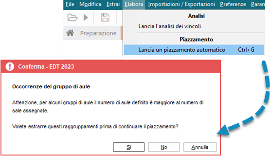 Avviso in caso di incoerenze con il numero di aule definito per il raggruppamento